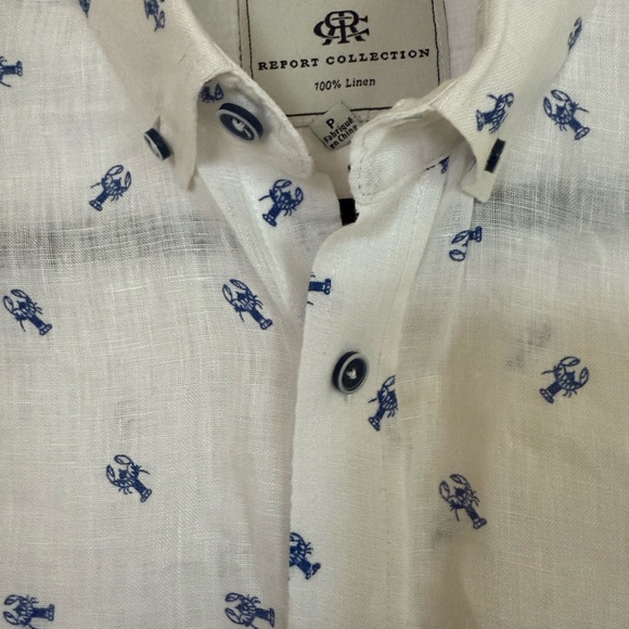 Report Collection Men’s White and Blue Linen Button Down Shirt w Lobsters - Picture 3 of 5